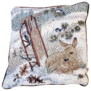 Vtg Riverdale Needlepoin Deer Fawn Sleigh Winter Christmas Throw Pillow Tapestry